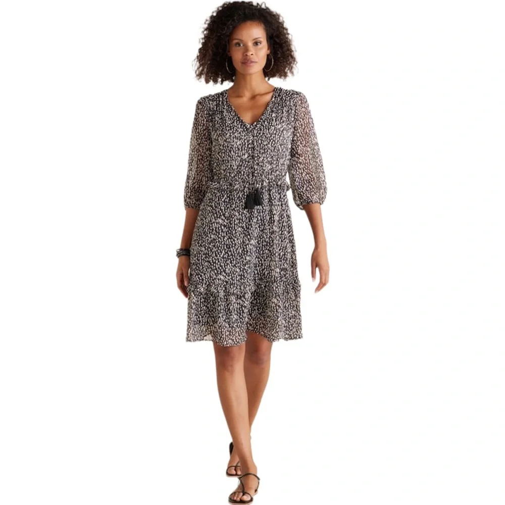 Soft Surroundings Hazel Dress Dotted Print V-neck Front Tassel Sz. Medium Petite